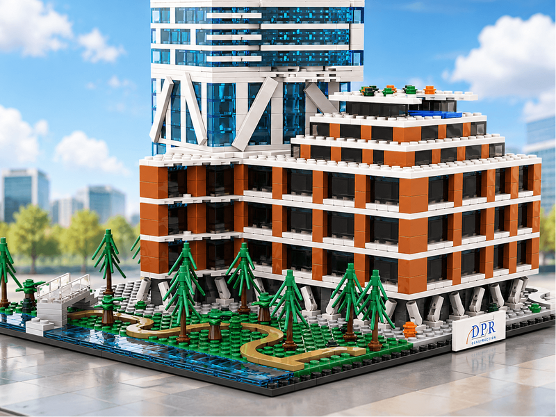 Model of a multi-story building with greenery, featuring the DPR logo, against a cityscape background.
