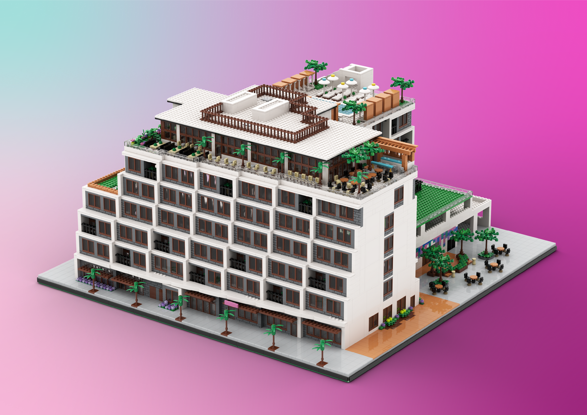 Render of a large scale brick model of a hotel building with rooftop terraces