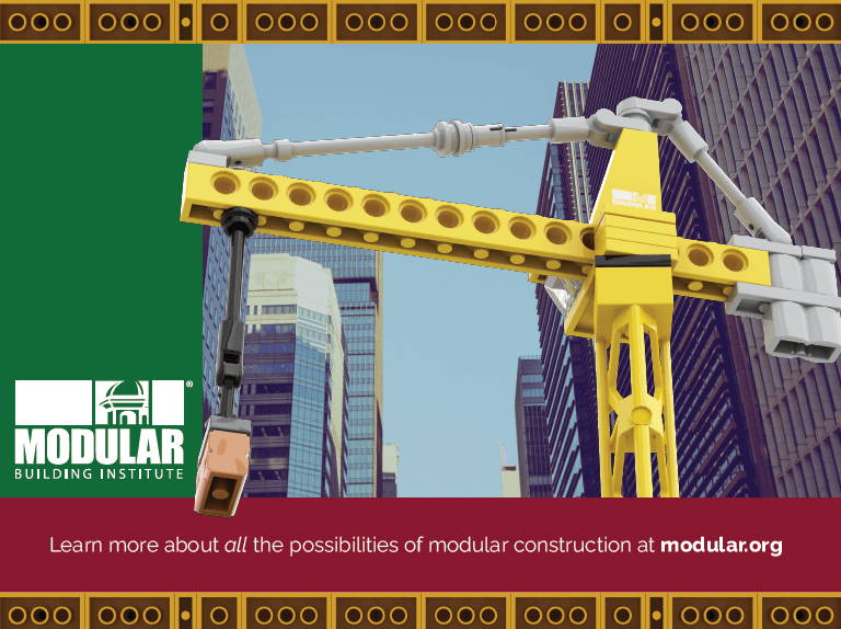 Modular Building Institute custom brick kit box art with a brick tower crane