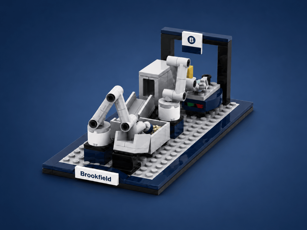Model of a factory with robotic arms on a blue background, featuring the Brookfield logo.