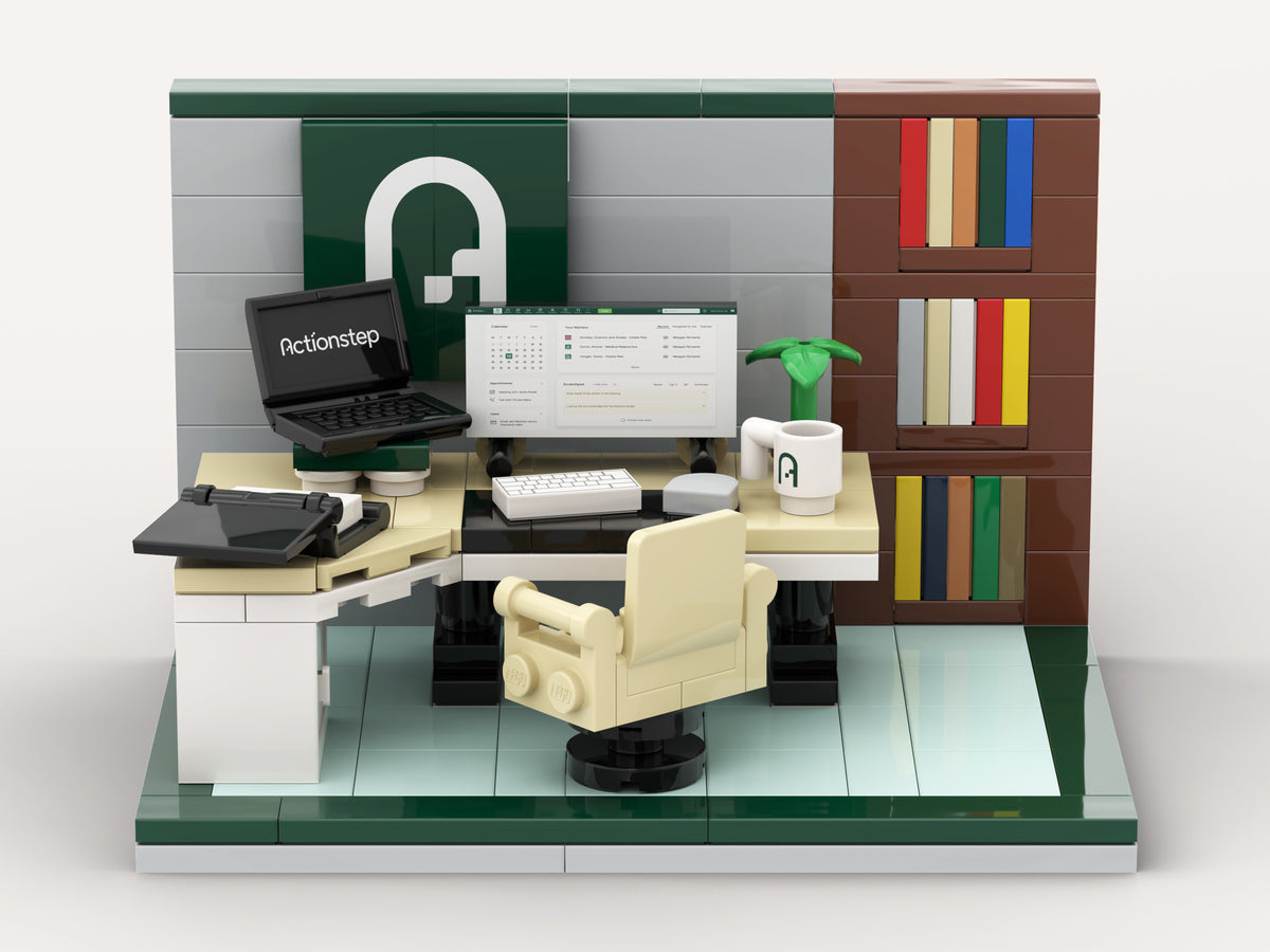 Actionstep Law Office Building Kit, front render showing the desk, branded screen and bookcase
