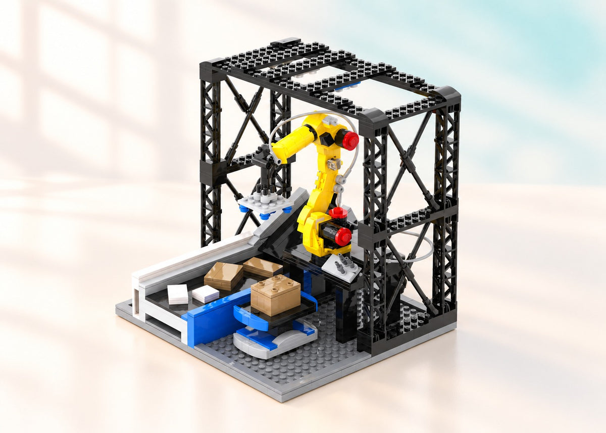Amazon Robotics Robin Robot Kit, studio presentation of the custom brick models