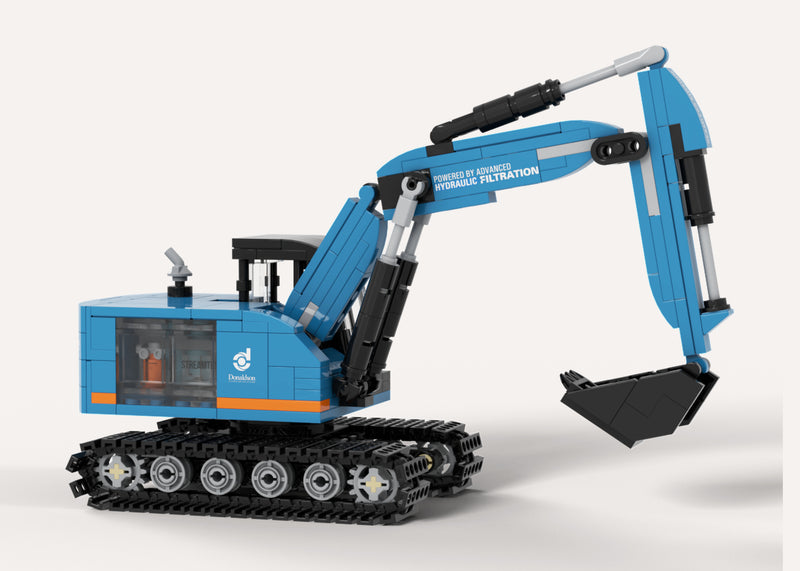 Donaldson Excavator Building Kit, render of the complete blue excavator with its filtration compartment visible