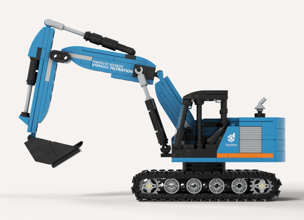 Donaldson Excavator Building Kit, side render showing the cab, tracks and boom