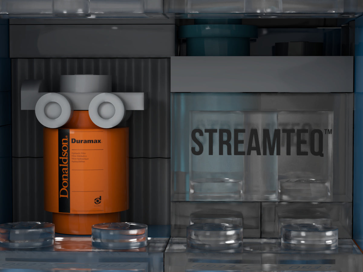 Donaldson Excavator Building Kit, close-up render of the orange filter and Streamteq component