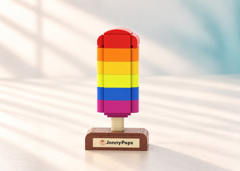JonnyPops Rainbow Pop Model, studio presentation of the custom brick models