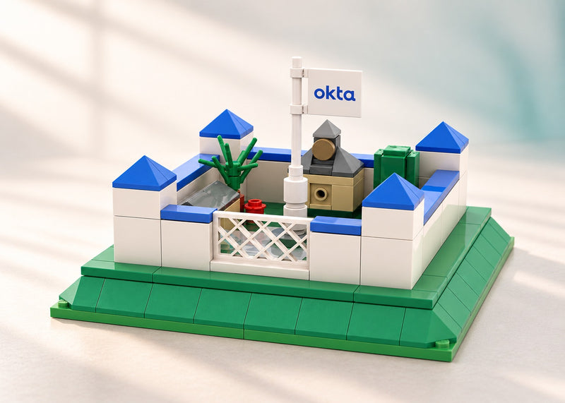 Okta Security City Mailer Kit, studio presentation of the custom brick models
