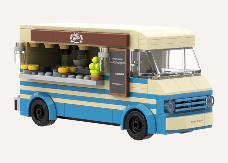 Rosewood Mayakoba Food Truck Kit, render of the cream and blue van with its serving counter open
