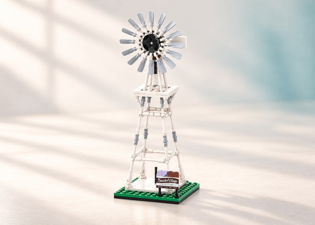 Sauder Village Windmill Kit, studio presentation of the custom brick models