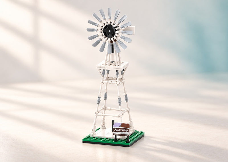 Sauder Village Windmill Kit, studio presentation of the custom brick models