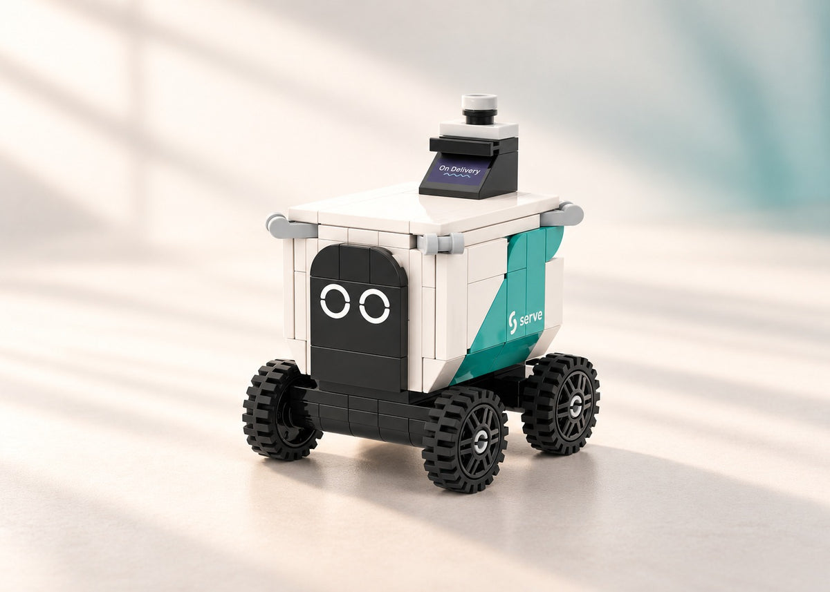 Serve Robotics Delivery Robot Kit, studio presentation of the custom brick models