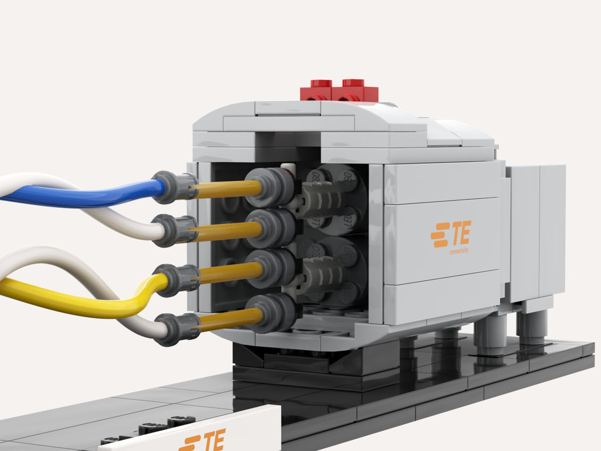 TE Connectivity Data Connectivity Building Kit, close-up render of the gray connector and exposed conductors