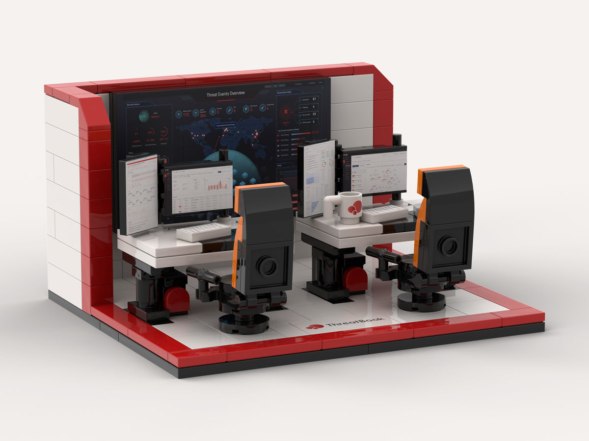 ThreatBook Security Operations Center Building Kit, angled render of the two workstations and central display