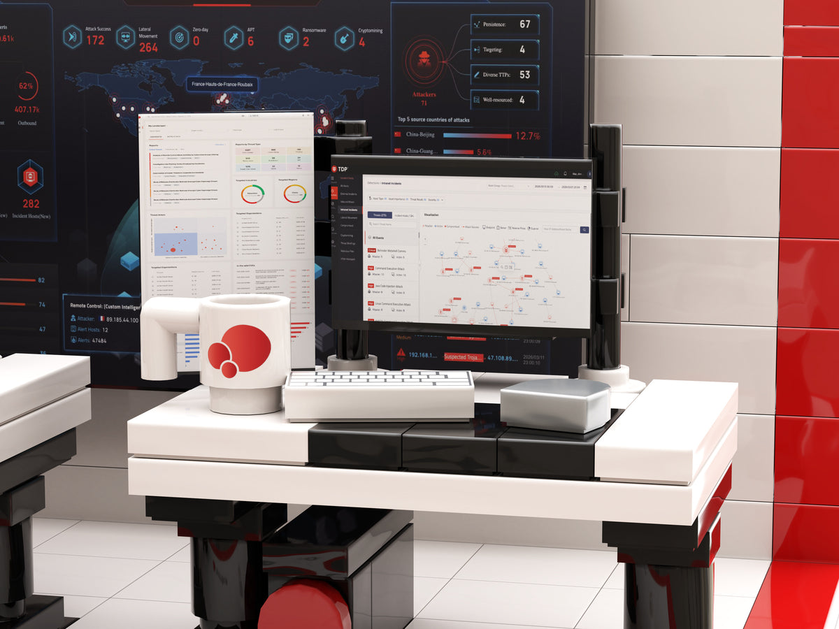 ThreatBook Security Operations Center Building Kit, close-up render of the branded mug and right workstation