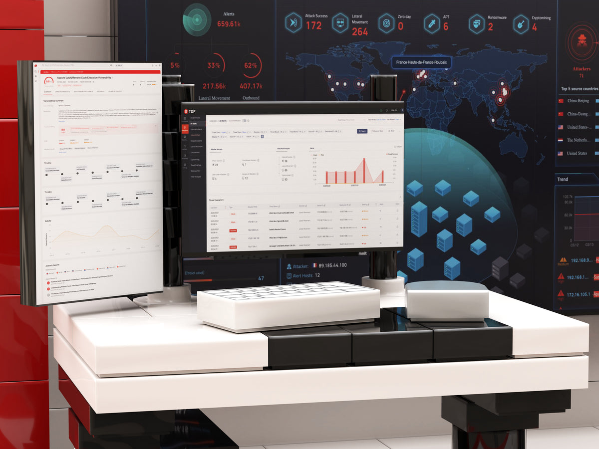 ThreatBook Security Operations Center Building Kit, close-up render of the left workstation and printed displays