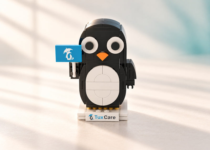 TuxCare Penguin Mascot Kit, studio presentation of the custom brick models