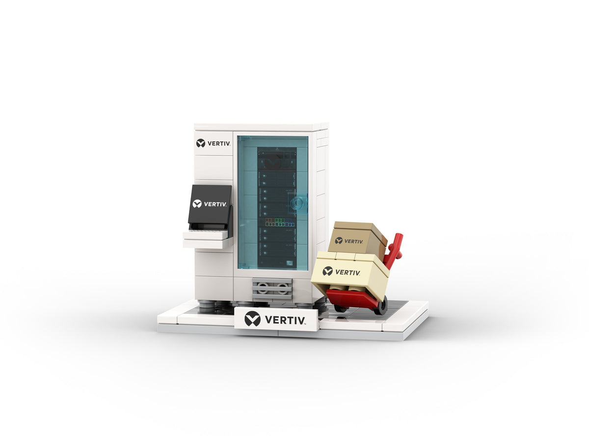Vertiv rack model with delivery trolley, viewed from the front.