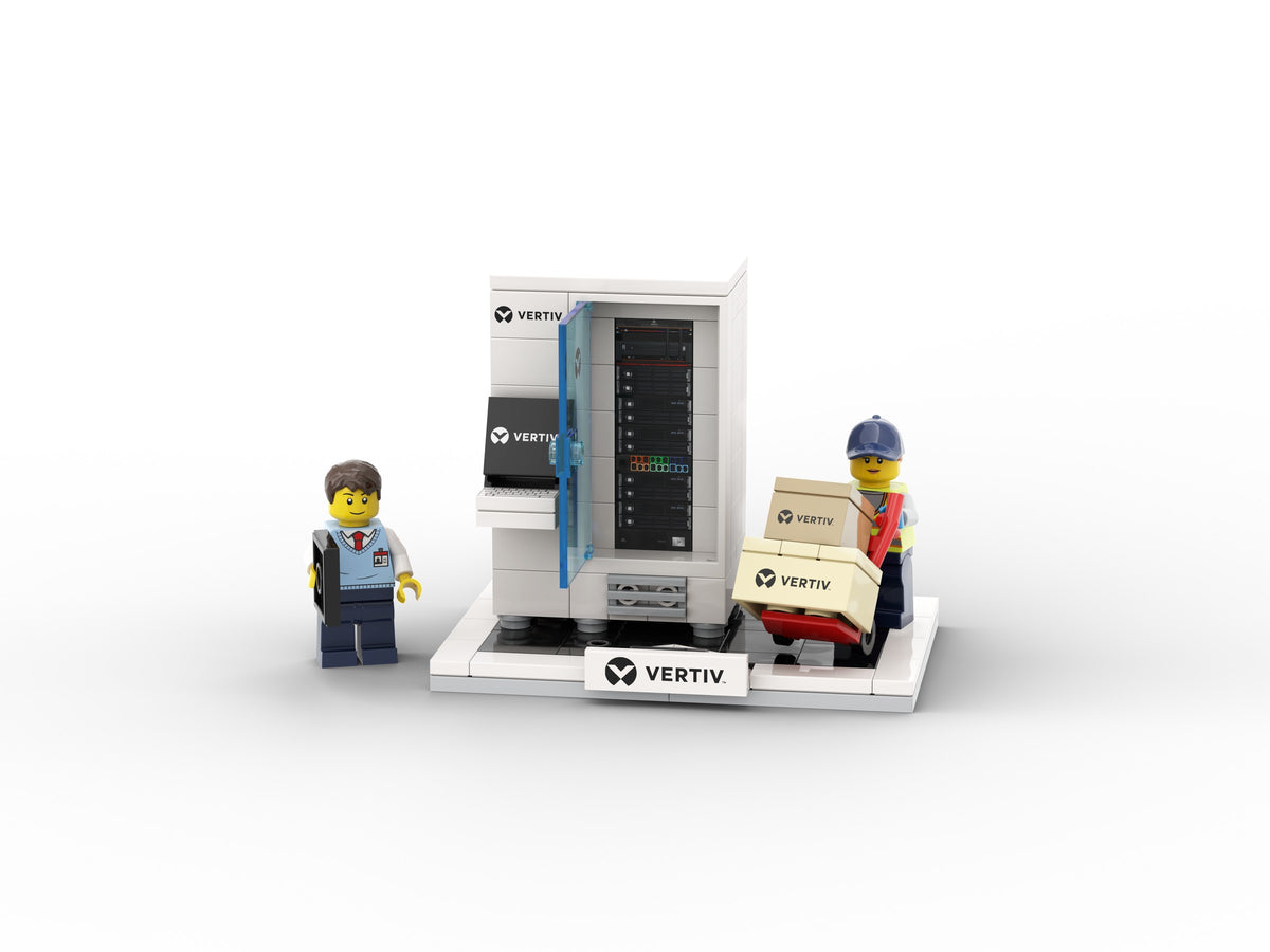 Vertiv rack model with trolley and figures.